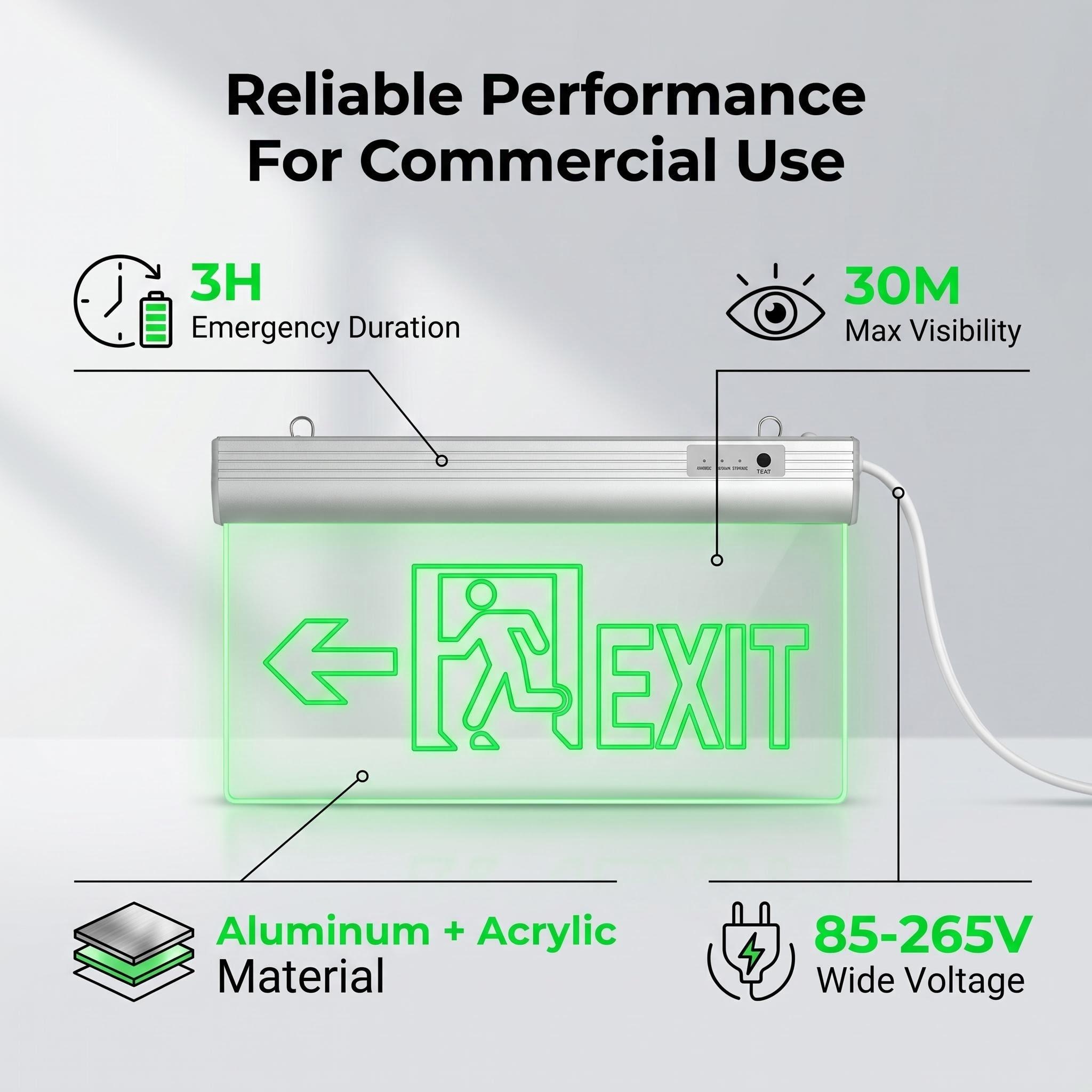 Aluminum & Acrylic LED Fire Exit Sign | 30m Max Visibility | Suspended Hanging Mount EXIT-LED-ES04B