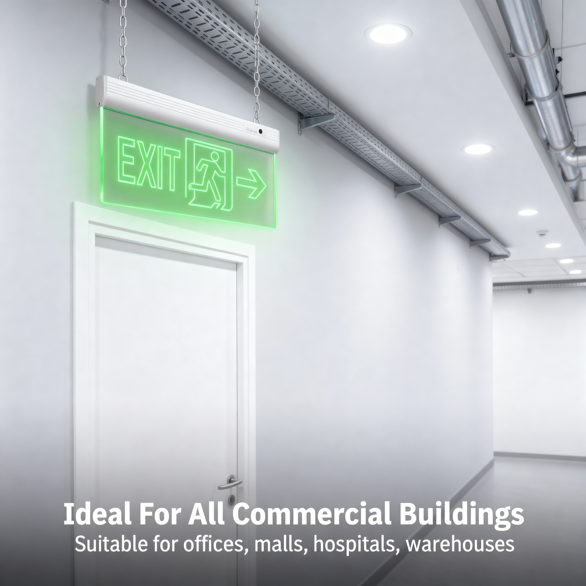 Aluminum & Acrylic LED Fire Exit Sign | 30m Max Visibility | Suspended Hanging Mount EXIT-LED-ES04B